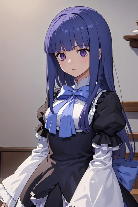 (masterpiece, best quality), 1girl, <lora:frederica_bernkastel_v1:1> aabern, long hair, blue hair, blunt bangs, purple eyes, bowtie, frills, black dress, puffy sleeves, short over long sleeves, long sleeves