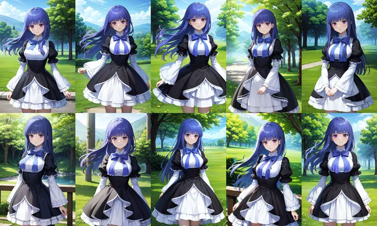 masterpiece, best quality, highres, aabern, long hair, blue hair, blunt bangs, purple eyes, bowtie, frills, black dress, puffy sleeves, short over long sleeves, long sleeves, <lora:frederica_bernkastel_v1:0.7>, standing, cowboy shot, outdoors