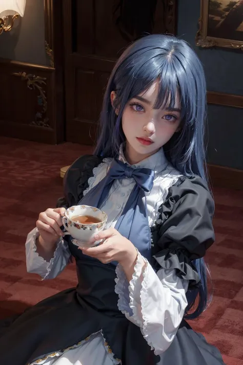 (8k, RAW photo, best quality, masterpiece:1.1), High detail RAW color photo, (realistic, photo realistic:1.25), ((best quality)),
,(ultra-detailed blue hair, many detailed tangle hair streak:1.2),cowboyshot,
,(red carpet,teatime , cookies and tea ,background:1.3)
<lora:UN_frederica_bernkastel_v1:0.8>aabern, long hair, blue hair, blunt bangs, purple eyes, bowtie, frills, black dress, puffy sleeves, short over long sleeves, long sleeves