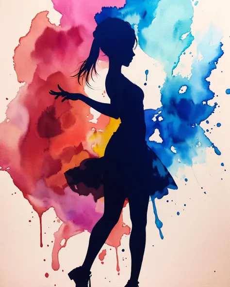 best quality,masterpiece,highly detailed,ultra-detailed, 1girl ,dancing between dark and light,franmigo american flok dance,
by silhouette art
<lora:silhouette_last:2>, (color Ink wash painting:1.1),(ink splashing:1.1),(color splashing:1.1),(colorful:1.16),, (watercolor:1.16), soft lighting,