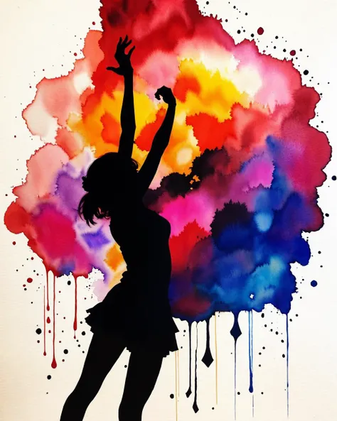 best quality,masterpiece,highly detailed,ultra-detailed,  1girl ,dancing between dark and light,franmig
by  silhouette art
 <lora:silhouette_last:2.5>, (color Ink wash painting:1.1),(ink splashing:1.1),(color splashing:1.1),(colorful:1.16),, (watercolor:1.16), soft lighting,