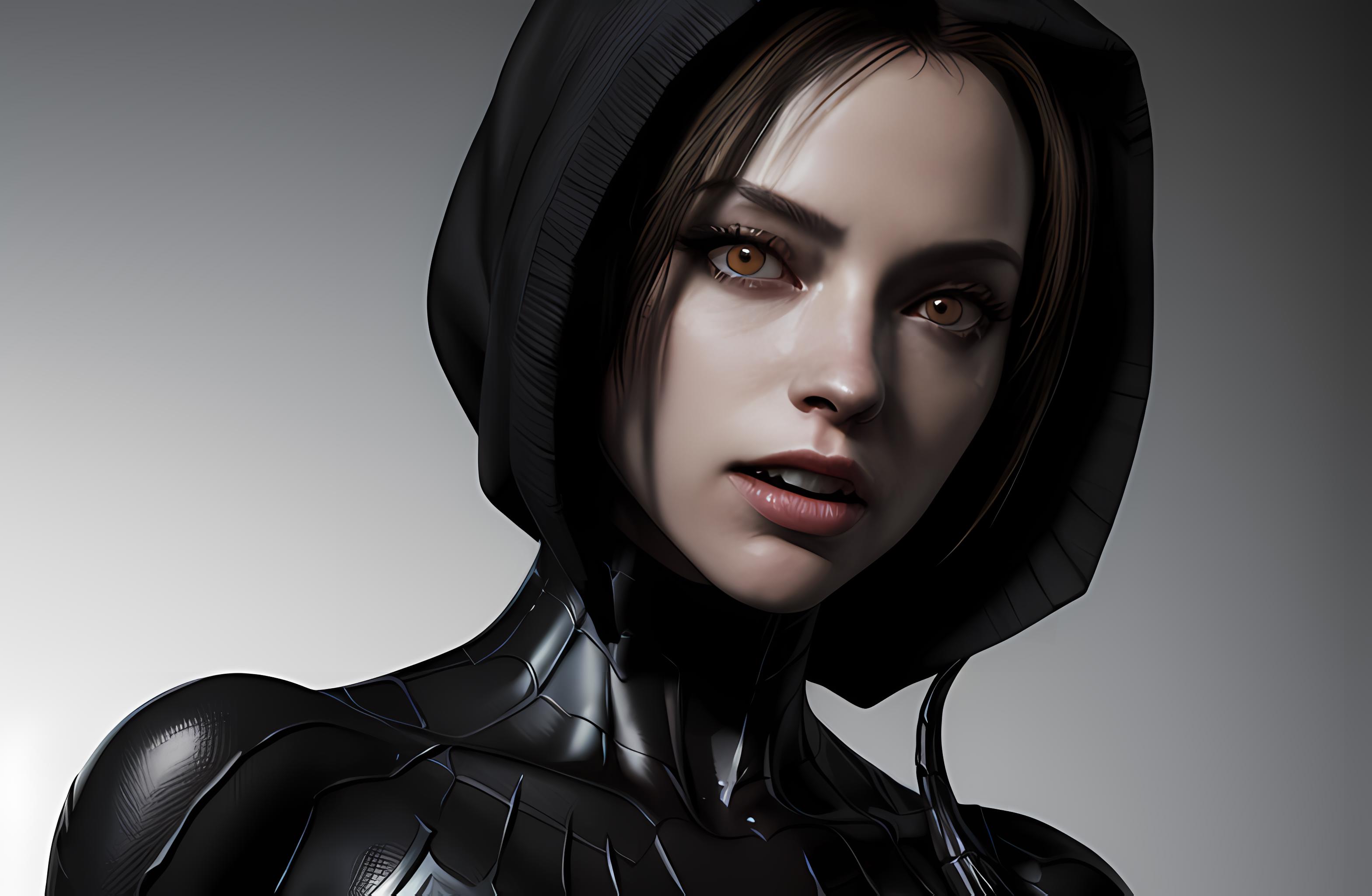 A close up of a woman in a black suit with a hood on - SeaArt AI