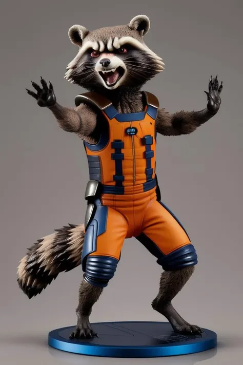 <lora:rocketraccoon-v1-locon:1> rocketraccoon, raccoon, orange jumpsuit, tail, <lora:Anime_Figure:0.9> figure, acrylic stand, angry expression, open mouth,