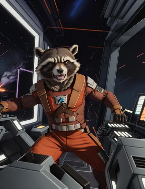 raccoon boy, portrait, anthro, rocketraccoon, solo, orange pants and shirt, (best quality, masterpiece:1), action pose, detailed, short tail, furry male anthro, looking at viewer, angry, <lora:rocketraccoon-v1-locon:1>, (photorealistic:1.4), (best quality:1.0), (ultra highres:1.0), 8k, RAW photo, (masterpiece:0.2), <lora:mscockpit:.75>mscockpit