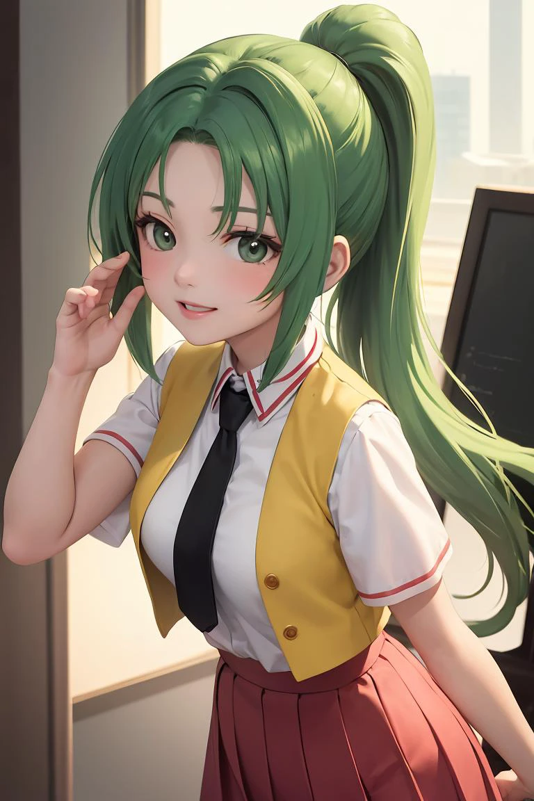 (masterpiece, best quality), 1girl, <lora:Mion3:1> Mion Sonozaki, green hair, green eyes, ponytail, white shirt, red necktie, yellow vest, red skirt,