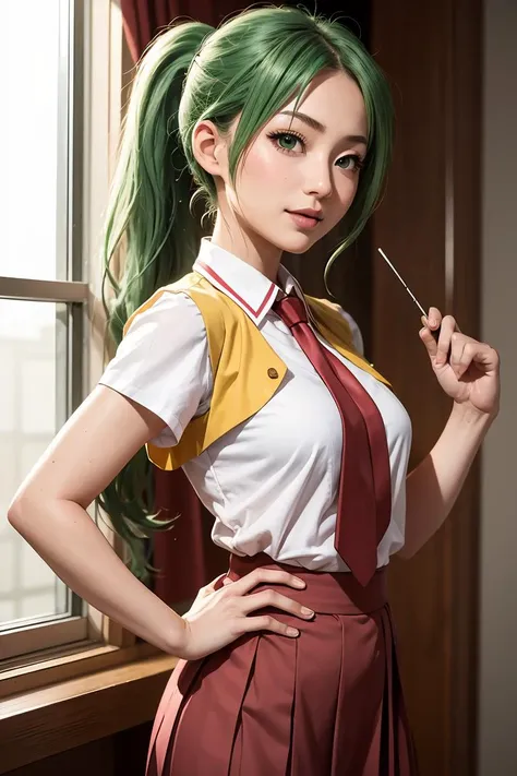 (masterpiece, best quality), 1girl, <lora:Mion3:1> Mion Sonozaki, green hair, green eyes, ponytail, white shirt, red necktie, yellow vest, red skirt,