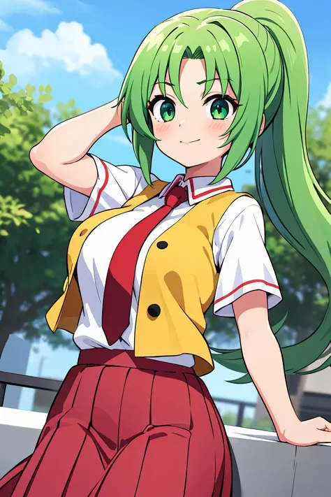 (masterpiece, best quality), 1girl,  <lora:Mion3:1> Mion Sonozaki, green hair, green eyes, ponytail,  white shirt, red necktie, yellow vest, red skirt,