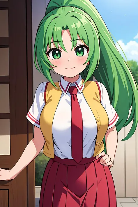 (masterpiece, best quality), 1girl, <lora:Mion3:1> Mion Sonozaki, green hair, green eyes, ponytail, white shirt, red necktie, yellow vest, red skirt,
