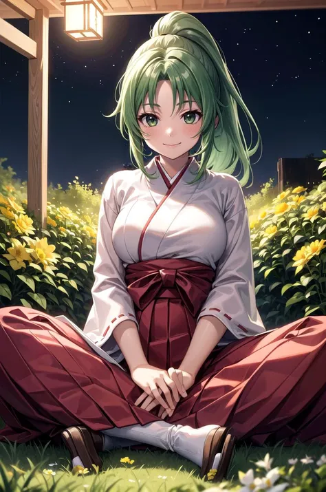 (masterpiece, best quality, detailed), 1girl, solo, Mion Sonozaki, green hair, green eyes, ponytail,
miko, japanese clothes, red hakama, hakama skirt, wide sleeves, white kimono, ribbon trim, outdoors, garden, grass, night, yellow flower, flower pot, indian style, hands on feet, smile, closed mouth