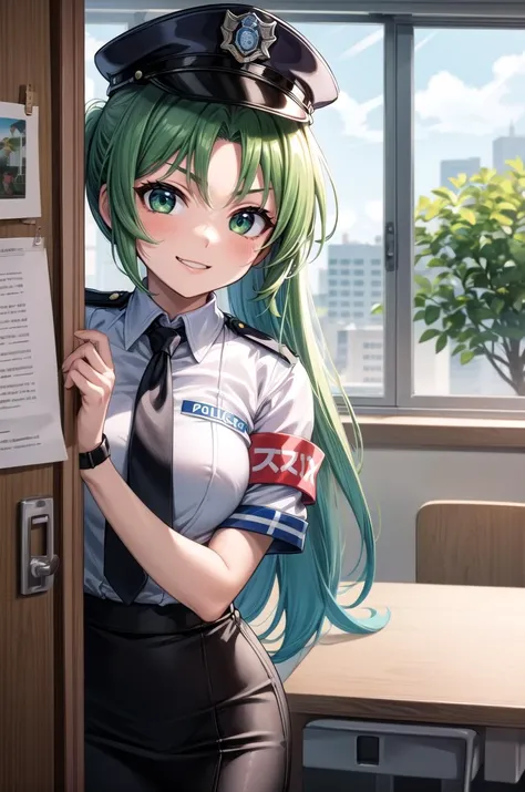 (masterpiece, best quality, detailed), 1girl, solo, Mion Sonozaki, green hair, green eyes, ponytail,
policewoman, police uniform, police hat, necktie, pencil skirt, armband, indoors, office, desk, office chair, <lora:peeking_out_upper_body_pruned:1.2>, peeking out upper body, opening door, smug
