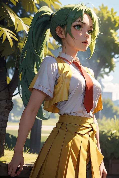 (masterpiece, best quality), 1girl, <lora:MionFin1024:1> Mion Sonozaki, green eyes, ponytail, || white shirt, red necktie, yellow vest, red skirt, yellow T-shirt,clothes around waist, jeans
