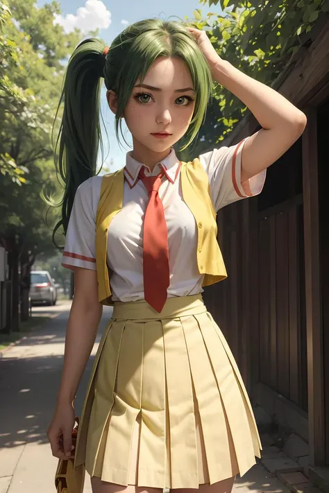 (masterpiece, best quality), 1girl, <lora:MionFin1024:1> Mion Sonozaki, green eyes, ponytail, || white shirt, red necktie, yellow vest, red skirt, yellow T-shirt,clothes around waist, jeans