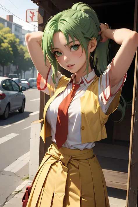 (masterpiece, best quality), 1girl, <lora:MionFin1024:1> Mion Sonozaki, green eyes, ponytail, || white shirt, red necktie, yellow vest, red skirt, yellow T-shirt,clothes around waist, jeans