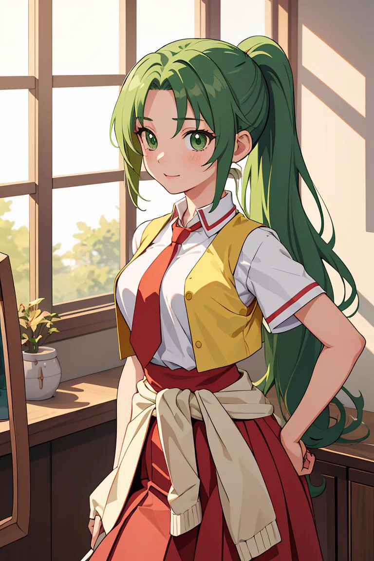(masterpiece, best quality), 1girl, <lora:MionFin1024:1> Mion Sonozaki, green eyes, ponytail, || white shirt, red necktie, yellow vest, red skirt, yellow T-shirt,clothes around waist, jeans