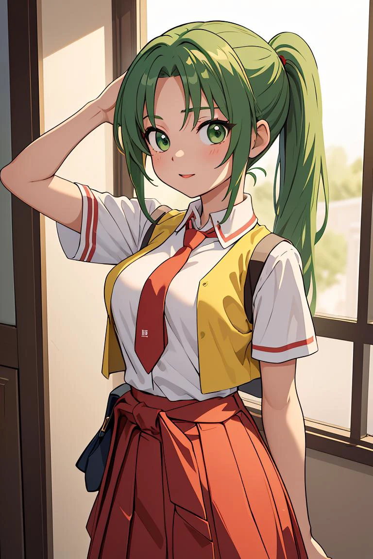 (masterpiece, best quality), 1girl, <lora:MionFin1024:1> Mion Sonozaki, green eyes, ponytail, || white shirt, red necktie, yellow vest, red skirt, yellow T-shirt,clothes around waist, jeans
