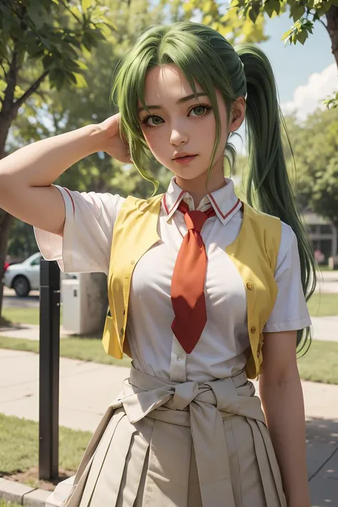 (masterpiece, best quality), 1girl,   <lora:MionFin1024:1> Mion Sonozaki, green eyes, ponytail, || white shirt, red necktie, yellow vest, red skirt, yellow T-shirt,clothes around waist, jeans