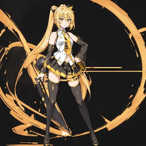 <lora:Akita_Neru-10:1>outdoor,street,high quality,Masterpeace,Akita_Neru, 1girl, solo, black miniskirt, blonde hair, black thigh boots, white shirt, navel, very long hair, yellow eyes, black detached sleeves, left side ponytail, zettai ryouiki, yellow necktie, sleeveless shirt,standing, full body, hand on hip