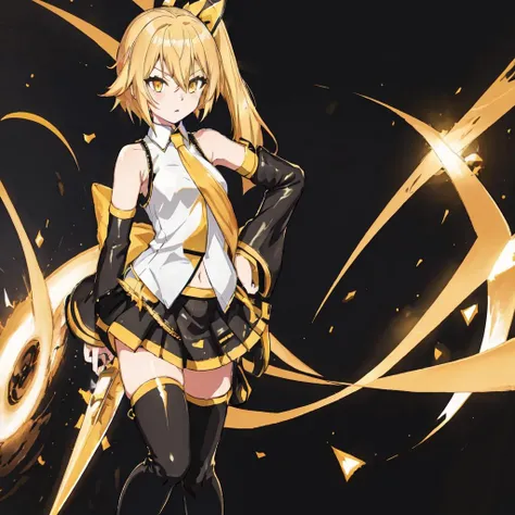 (masterpiece, best quality), 1girl, yellow hair, left side ponytail, , very long hair, yellow eyes,  sparks hair, glowing eyes, electricity sparks, thunder blade, yellow magic circle, yellow corset, black thighhighs, sidelighting, light particles, abstract,