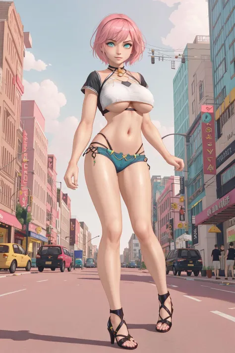 masterpiece, best quality, 1girl, aqua eyes, pink hair, short hair, city, big breasts, navel, underboob, crop top, full body, bare legs, high heels, pov <lora:costume_x-000018:0.75>