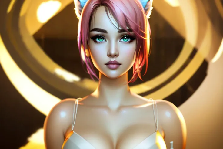 <lora:VirtualLife3dv2:1>. (masterpiece, best quality, ultra-detailed, highres), perfect face, sidelighting, lustrous skin,(bloom), (shine), lighting, ray tracing,1girl, asian, solo, animal ears, looking at viewer, green eyes,  cat ears, (pink hair),   lips,collarbone,, makeup, nose, depth_of_field, very detailed background, highly detailed background, Masterpiece, Ultra detailed, great composition,Dynamic angle,[Bottle bottom],(wide shot), extremely delicate and beautiful,(Highest picture quality), (Master's work), extreme light and shadow, masterpiece, rich in detail, (fine features), (highest quality), (masterpiece), (detailed eyes), (beautiful) detailed,beautiful detailed eyes,(straight-on), full body, (extremely detailed CG unity 8k wallpaper),(masterpiece), (best quality), (ultra-detailed), (best illustration),(best shadow),perfect lighting , perfect anatomy