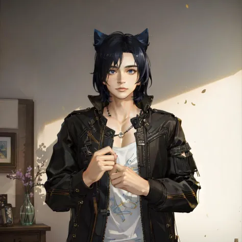 <lora:VirtualLife3dv2:1> (masterpiece, best quality, ultra-detailed, highres), perfect face, sidelighting, lustrous skin,(bloom), (shine), lighting, ray tracing, sci-fi, solo, 1boy, male focus, solo, 1boy, male_focus,  animal ears, black hair, blue eyes, freckles, cat ears, jacket, realistic, lips, looking at viewer,  short hair, zipper,  leather, upper body, leather jacket, fake animal ears, open clothes, white background, black jacket, open jacket, unzipped, depth_of_field,very detailed background, highly detailed background, Masterpiece, Ultra detailed, great composition,Dynamic angle,[Bottle bottom],(wide shot), extremely delicate and beautiful,(Highest picture quality), (Master's work),   depth of field, solo, extreme light and shadow, masterpiece, living room scene:1, rich in detail,(highest quality), (masterpiece), (detailed eyes), (beautiful) detailed, beautiful detailed eyes,(straight-on),  portrait:1, (extremely detailed CG unity 8k wallpaper),(masterpiece), (best quality), (ultra-detailed), (best illustration),(best shadow),perfect lighting , perfect anatomy , vivid colors,