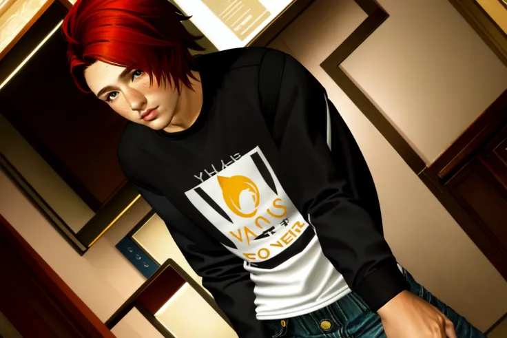 <lora:VirtualLife3dv2:1>, (masterpiece, best quality, ultra-detailed, highres), perfect face, sidelighting, lustrous skin,(bloom), (shine), lighting, ray tracing, sci-fi, solo, 1boy, male focus solo, realistic, multicolored hair, orange hair, red eyes, heterochromia, shirt, looking at viewer, t-shirt, black shirt, vest, lips, purple eyes, black hair, english text, upper body, denim, red hair, indoors, short hair, two-tone hair, clothes writing, nose, watermark, denim jacket, stubble,  medium hair, freckles, gradient hair, ,depth_of_field,very detailed background, highly detailed background, Masterpiece, Ultra detailed, great composition,Dynamic angle,[Bottle bottom],(wide shot), extremely delicate and beautiful,(Highest picture quality), (Master's work),   depth of field, solo, extreme light and shadow, masterpiece, rich in detail, (fine features), (highest quality), (masterpiece), (detailed eyes), (beautiful) detailed,beautiful detailed eyes,(straight-on), full body, cyberpunk:1, flower petals falling, (extremely detailed CG unity 8k wallpaper),(masterpiece), (best quality), (ultra-detailed), (best illustration),(best shadow),perfect lighting , perfect anatomy , vivid colors,