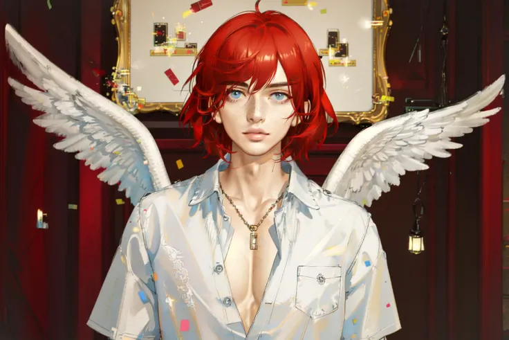 <lora:VirtualLife3dv2:1> (masterpiece, best quality, ultra-detailed, highres), perfect face, sidelighting, lustrous skin,(bloom), (shine), lighting, ray tracing, sci-fi, 1boy, male focus, (european), (man in his 30s), wings, solo, plaid shirt, freckles, feathered wings, angel wings, blue eyes, parted lips, looking at viewer, red hair, white wings, realistic, open clothes, open shirt, upper body, short hair, depth_of_field, very detailed background, highly detailed background, Masterpiece, Ultra detailed, great composition, (close up), extremely delicate and beautiful,(Highest picture quality), (Master's work), depth of field, solo, extreme light and shadow, masterpiece, living room scene:1, rich in detail,(highest quality), (masterpiece), (detailed eyes), (beautiful) detailed, beautiful detailed eyes, (straight-on), portrait:1, (extremely detailed CG unity 8k wallpaper),(masterpiece), (best quality), (ultra-detailed), (best illustration),(best shadow),perfect lighting , perfect anatomy , vivid colors,