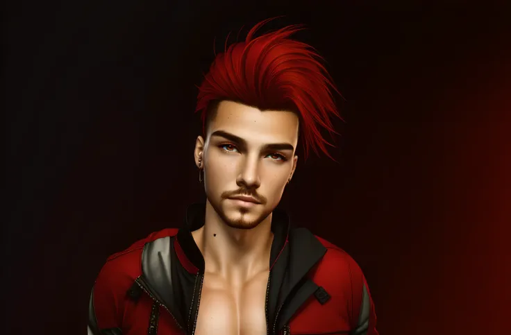 <lora:VirtualLife3dv2:1> (masculine), 1boy, male_focus, solo, stubble, (european), (masterpiece, best quality, ultra-detailed, highres), perfect face, sidelighting, lustrous skin,(bloom), (shine), lighting, ray tracing, sci-fi, solo, red hair, red eyes, (demon eyes), red eyes, jacket, mohawk, ear piercing, upper body, looking at viewer, open clothes, short hair, cyberpunk:1, stubble, collarbone, nose piercing, open jacket, depth_of_field, very detailed background, highly detailed background, Masterpiece, Ultra detailed, great composition, (detailed skin), (detailed fabric), (dynamic angle), (zoom out),(Highest picture quality), (Master's work), depth of field, solo, extreme light and shadow, masterpiece, sci-fi:1, rich in detail,(highest quality), (masterpiece), (detailed red eyes), (beautiful) detailed, beautiful detailed eyes, (straight-on), portrait:1, (extremely detailed CG unity 8k wallpaper),(masterpiece), (best quality), (ultra-detailed), (best illustration),(best shadow),perfect lighting , perfect anatomy ,