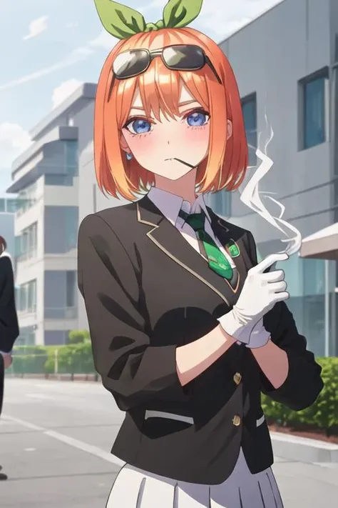best quality, masterpiece, highres, solo, {black business suit:1.40}, {tie:1.20}, {sunglasses:1.25}, {white gloves:1.15}, {white shirt:1.10}, {black skirt:1.15}, {smoking:1.20}, handsome, {hinatsuki_mikan_thedemongirlnextdoor:1.15}, orange_hair, hair_bun, single_hair_bun, ribbon, hair_ribbon, green_eyes, hair_ornament, blush, single_side_bun, long_hair, green_ribbon, hair_between_eyes, collarbone, shiny_hair