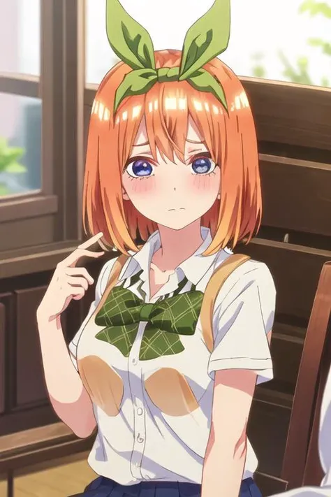 best quality, masterpiece, highres, solo, {nakano_yotsuba_gotoubunnohanayome:1.15}, orange_hair, bangs, ribbon, green_ribbon, hair_ribbon, blush, hair_between_eyes, blue_eyes, short_hair, eyebrows_hidden_by_hair, closed_mouth, 1girl, green_hairband, hairband, shirt, shiny, shiny_hair, blurry_background, indoors, blurry, bow, upper_body