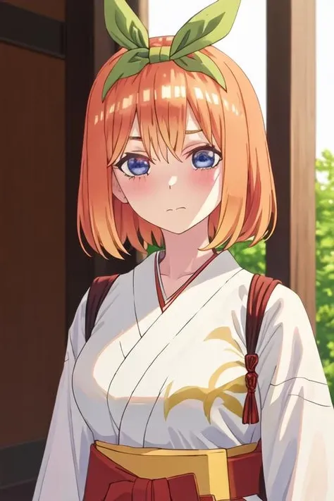 best quality, masterpiece, highres, solo, {white kimono:1.35}, {red hakama:1.35}, {wide sleeves:1.20}, {nakano_yotsuba_gotoubunnohanayome:1.15}, orange_hair, bangs, ribbon, green_ribbon, hair_ribbon, blush, hair_between_eyes, blue_eyes, short_hair, eyebrows_hidden_by_hair, closed_mouth