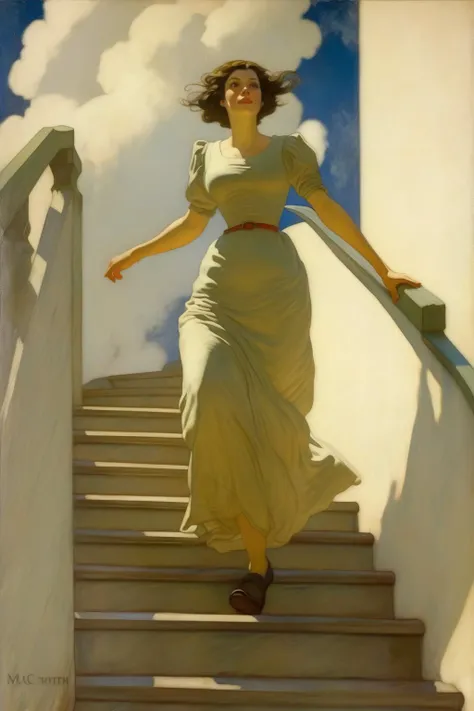 <lora:N.C. Wyeth Style:1>N.C. Wyeth Style - a painting of a woman walking up a flight of stair by M.C. Wyeth