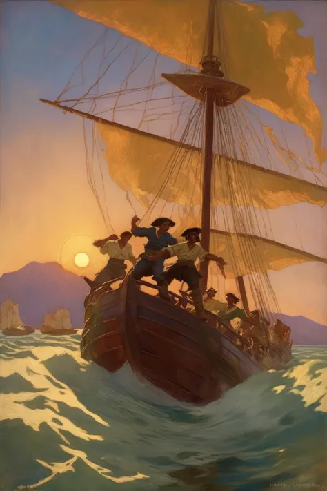 <lora:N.C. Wyeth Style:1>N.C. Wyeth Style - In the style of N. C. Wyeth paintings, NO TEXT. A daring scene unfolds on the azure waters of Lake Texcoco. The Spanish ship, Santa Mara de la Victoria, cuts through the water, its sails billowing in the wind. The crew, a band of hardened men, work in unison, their faces etched with determination. In the distance, the majestic city of Tenochtitln looms, its temples and causeways bathed in the golden light of the setting sun. The scene is captured with a Canon EOS 5D Mark IV DSLR camera, EF 50mm f/1.8 STM lens, Resolution 30.4 megapixels, ISO sensitivity: 32,000, Shutter speed 8000 second. The lighting is dramatic, with the setting sun casting long shadows on the deck of the ship and the city in the distance. The colors are vibrant, with the blue of the lake contrasting with the golden hues of the sunset. The composition is dynamic, with the ship in the foreground and the city in the background, creating a sense of depth and scale.