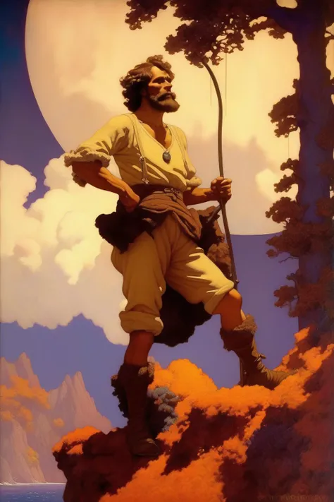 <lora:N.C. Wyeth Style:1>N.C. Wyeth Style - Robinson crusoe in the style of Maxfield Parrish