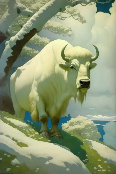 <lora:N.C. Wyeth Style:1>N.C. Wyeth Style - from the ship we suddenly saw a wondrous land with white shores, it was gently snowing, a white Buffalo was on the beach, and there were trees with white flowers behind him