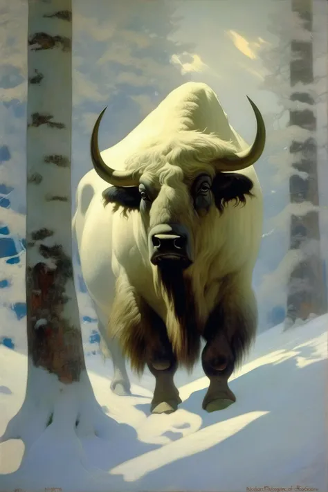 <lora:N.C. Wyeth Style:1>N.C. Wyeth Style - The White Buffalo in the mystical Island of white trees and falling snowflakes