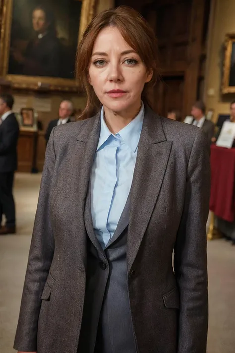 <lora:philcunk_V1-000008:0.75>, realistic photo of philcunk, a mature woman wearing a jacket, wearing slacks, busty, large breast, skinny body, skinny legs, fine lines and wrinkles, standing in a museum, looking at the camera, realistic, (masterpiece:1.1), (best quality:1.1), (intricate details), flash photography