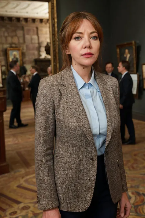 <lora:philcunk_V1-000008:0.8>, realistic photo of philcunk, a mature woman wearing a jacket, wearing slacks, busty, large breast, skinny body, skinny legs, fine lines and wrinkles, standing in a museum, looking at the camera, realistic, (masterpiece:1.1), (best quality:1.1), (intricate details), flash photography