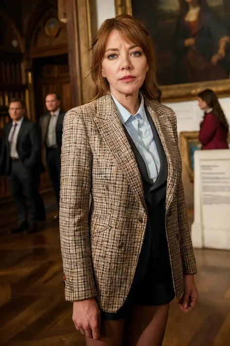 <lora:philcunk_V1-000008:0.8>, realistic photo of philcunk, a mature woman wearing a plaid jacket, busty, large breast, skinny body, skinny legs, fine lines and wrinkles, standing in a museum, looking at the camera, realistic, (masterpiece:1.1), (best quality:1.1), (intricate details), flash photography