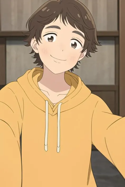 masterpiece, best quality, solo, 1girl, short hair, brown hair, brown eyes, yellow hoodie, head tilted, smile, (selfie)
<lora:Fumino_Tooyama:0.7>
