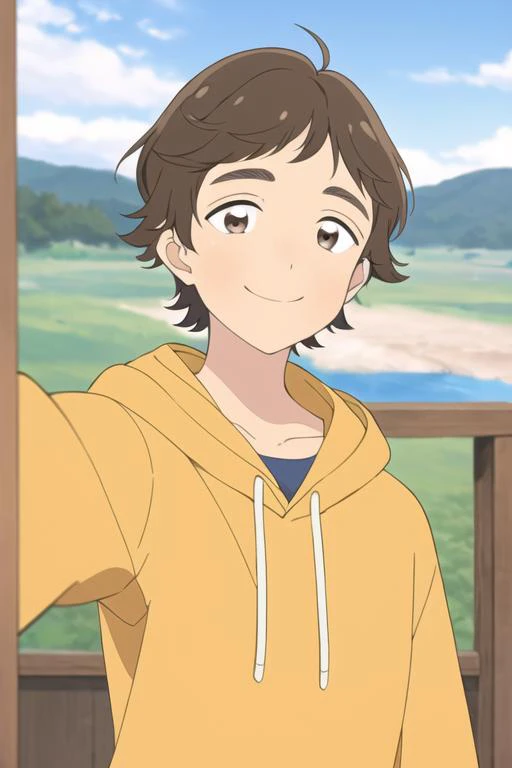masterpiece, best quality, solo, 1girl, short hair, brown hair, brown eyes, yellow hoodie, head tilted, smile, (selfie)
<lora:Fumino_Tooyama:0.7>