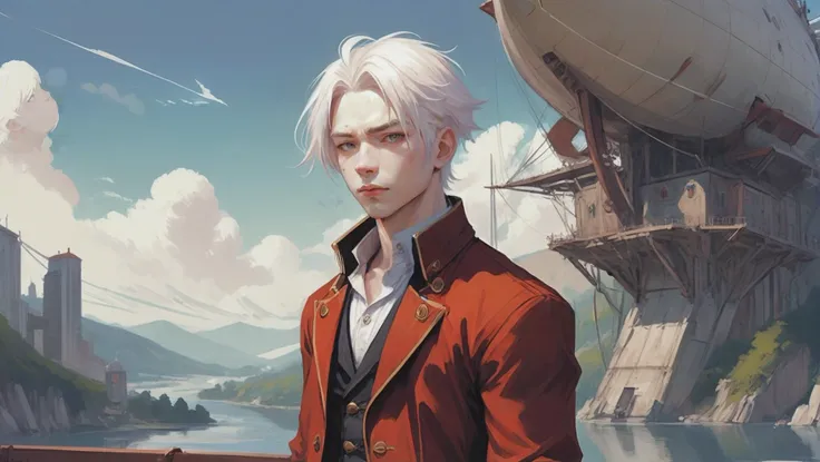 anime style impressionist digital painting, (full body:1.2), 1boy, man, ruggedly handsome, solo, [:formal costume design,:0.2] adventurer, albino, white hair, (muscular:1.3) build, airship dock in a wonderous,techno-pessimist fantasy hillside city edge of time, masterpiece<lora:EnvyStarlightMistborn01:0.6>