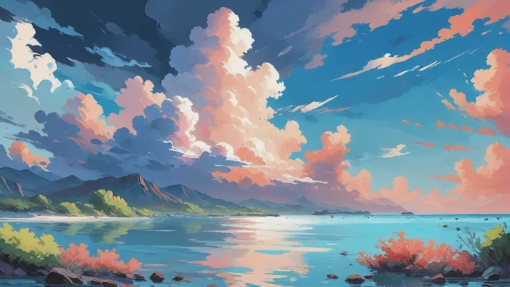 anime style impressionist digital painting, morning, blue sky, clouds, scenery, in a Coral Reef<lora:EnvyStarlightMistborn01:0.6>