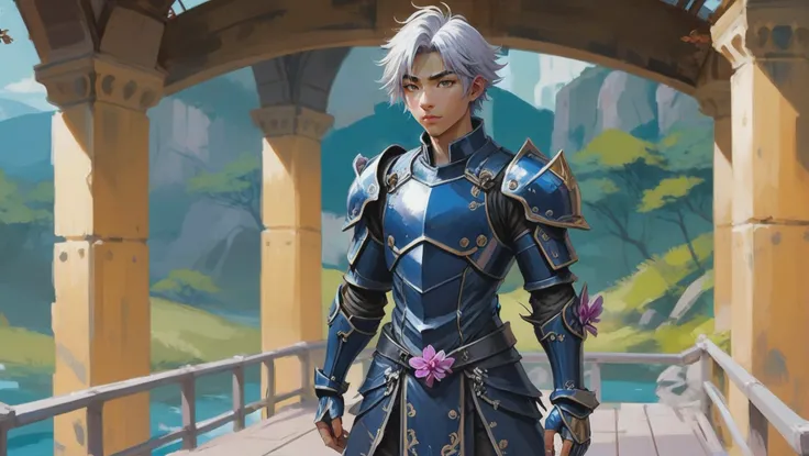 anime style impressionist digital painting, (full body:1.2), 1boy, man, bishounen, solo, [:outlandish costume design,:0.2] antipaladin, orchid (modern steel plate armor,gauntlets:1), (asian:1.3), light navy hair, (average:1) build, Troll Bridges<lora:EnvyStarlightMistborn01:0.6>