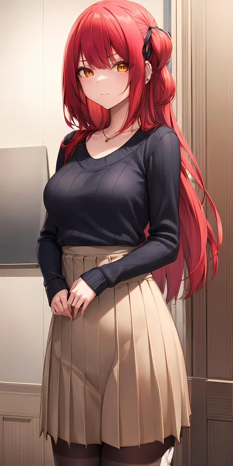 (masterpiece:1.2, best quality), (finely detailed beautiful eyes: 1.2), (extremely detailed CG unity 8k wallpaper, masterpiece, best quality, ultra-detailed, best shadow), (detailed background), (beautiful detailed face, beautiful detailed eyes), jessicamw,orange eyes, red hair, long hair, sweater, black ribbon, ear piercing, jewelry, hair ribbon, skirt, High contrast, (best illumination, an extremely delicate and beautiful),1girl,(simple backround, indoors, formal event, front on), looking at viewer,beautiful detailed glow,