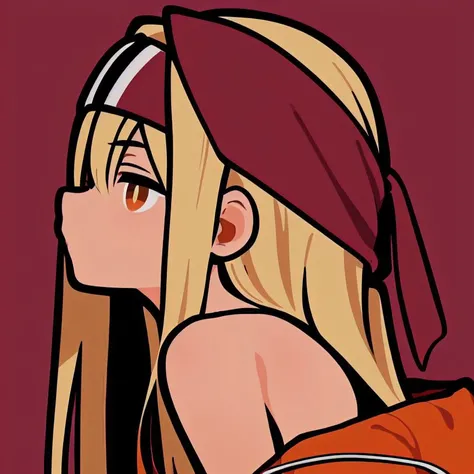 (red theme,red background:1.3),1girl, solo, simple background, masterpiece, from side, profile, high contrast, <lora:miyoshi_yoshimi-23:1> miyoshi_yoshimi, <lora:amunero_v2-09:1> amunero, (orange eyes, red hair ribbon, headband, side braid), (off-shoulder jacket, oversized jacket, bare shoulders, tube top)