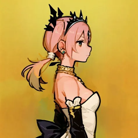 (yellow theme, yellow background),1girl, solo, simple background, masterpiece,
from side, profile, high contrast,
<lora:miyoshi_yoshimi-23:1> miyoshi_yoshimi, pink hair, twintails, tiara, dress, necklace, earring, circlet, detached sleeves, strapless