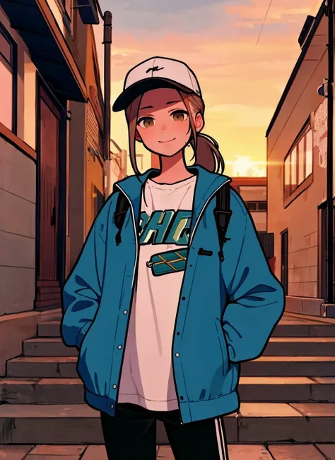 1girl, town, standing, white baseball_cap, light blue jacket, upper body portrait, ponytail, smile, 
 <lyco:YoshimiyoshiStyle:0.65>miyoshi_yoshimi,