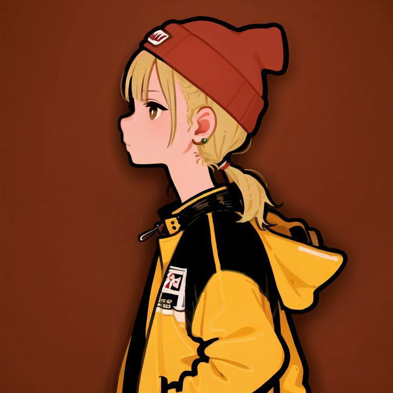 (red theme, yellow background),1girl, solo,  simple background,   masterpiece,
from side, profile, high contrast,
<lora:miyoshi_yoshimi-23:1> miyoshi_yoshimi, red beanie, earring, ponytail, jewelry, jacket