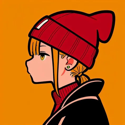 (red theme, yellow background),1girl, solo, simple background, masterpiece, from side, profile, high contrast, <lora:miyoshi_yoshimi-22:1> miyoshi_yoshimi, red beanie, earring, ponytail, jewelry, jacket